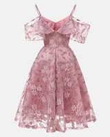 Back view of pink lace cold shoulder midi dress