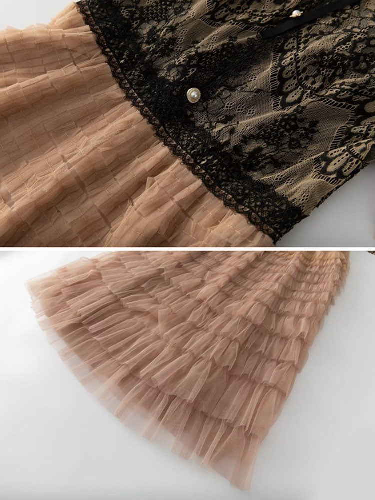 Close-up of the lace bodice and ruffled skirt of the dress