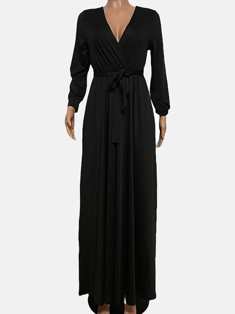 Black long-sleeve maxi wrap dress displayed on a mannequin against a white background.