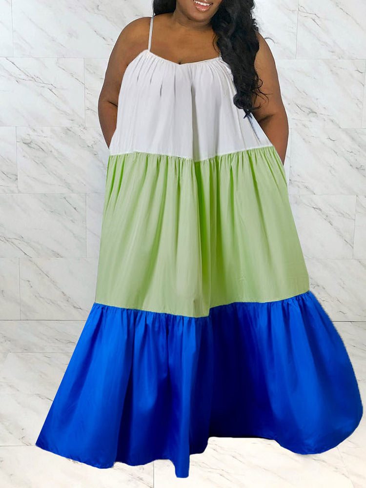 Color block casual A-line maxi dress with spaghetti straps - View 9 | Lwiis