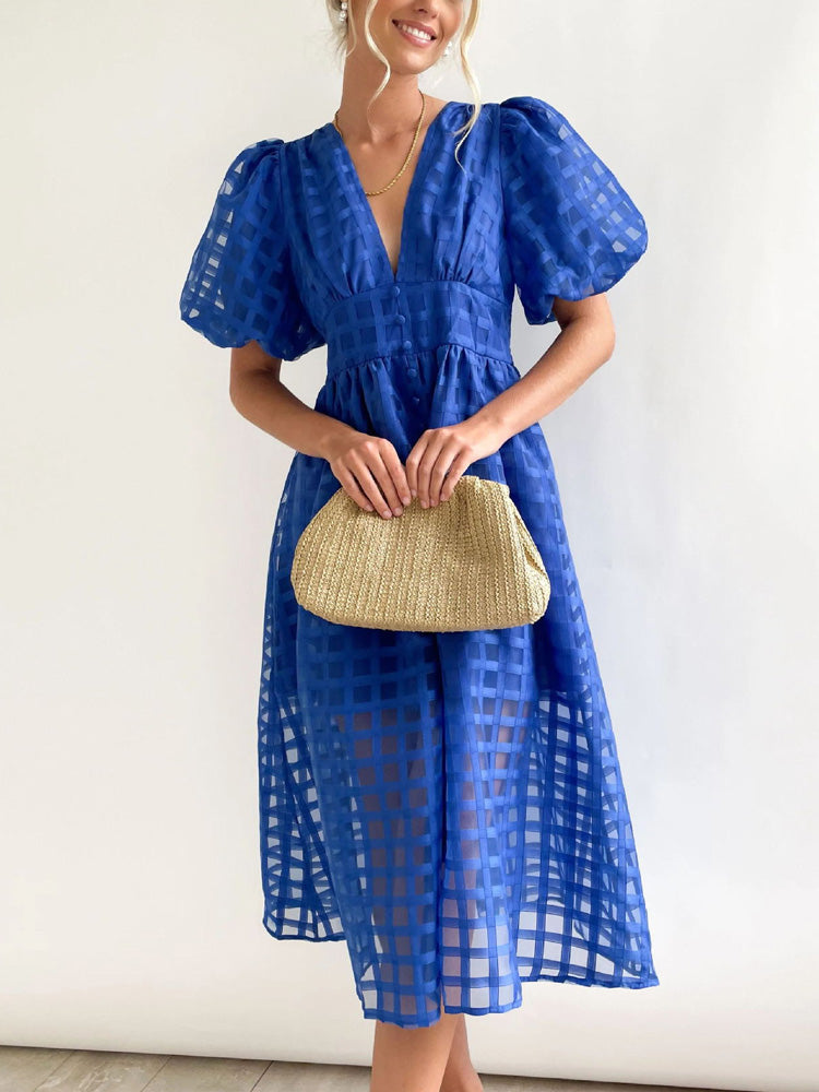 Plaid V-Neck Midi Dress - View 13 | Lwiis