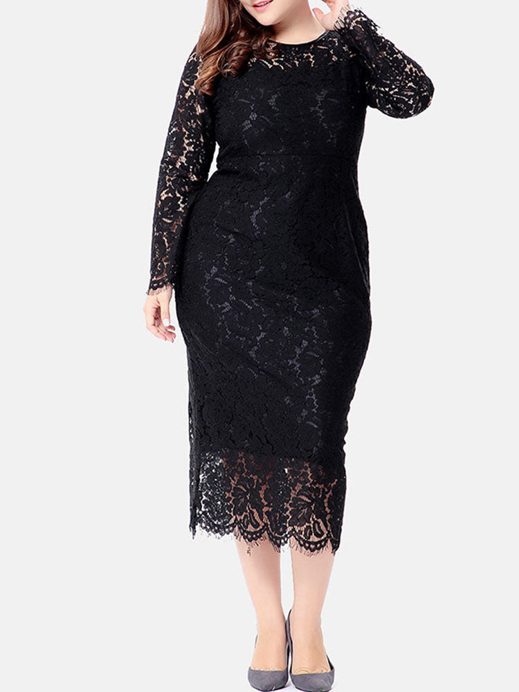 woman in black long sleeve lace dress