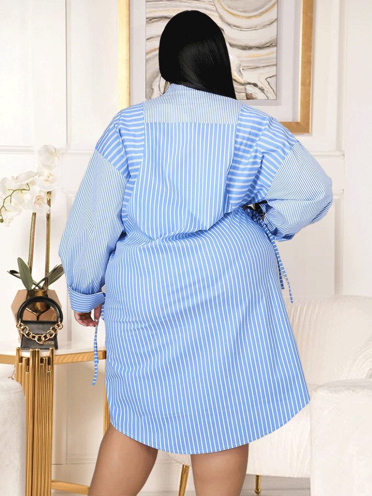 Striped button shirt midi dress with collared neckline and belted waist - View 9 | Lwiis
