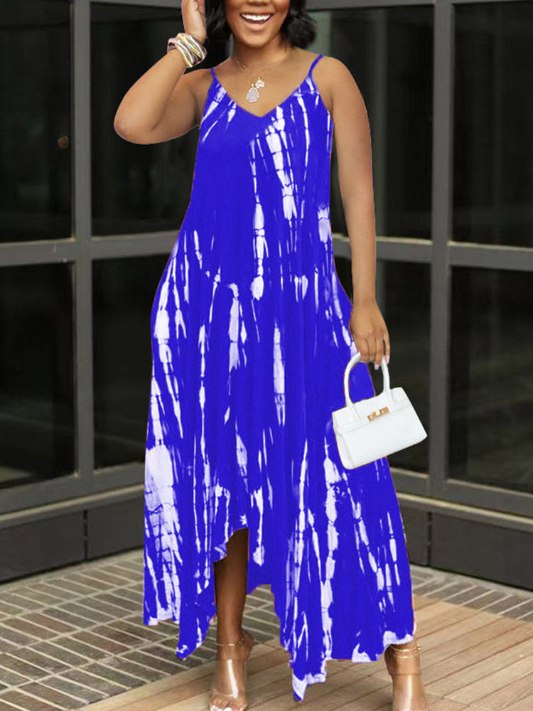 Women's sleeveless tie dye maxi dress with V-neckline and asymmetrical hem - View 11 | Lwiis