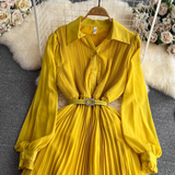 Pleated A-line maxi dress with belted waist and collared neckline - View 13 | Lwiis