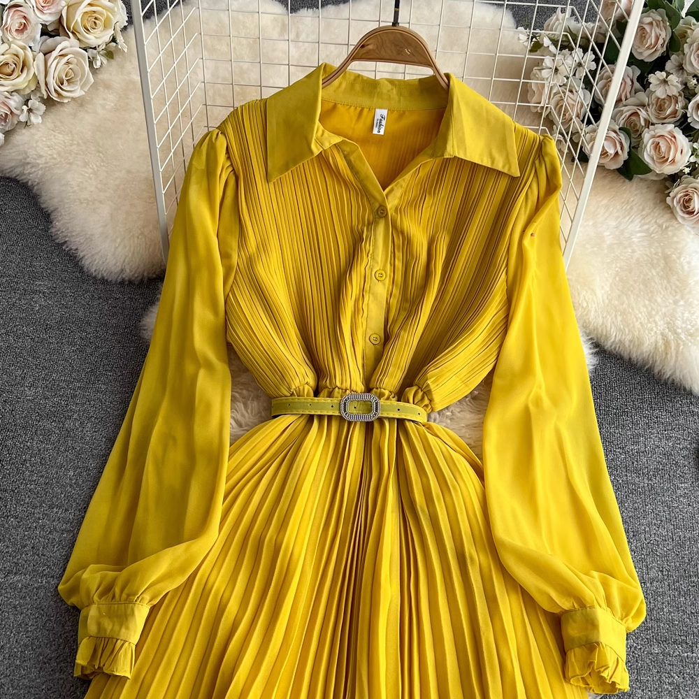 Pleated A-line maxi dress with belted waist and collared neckline - View 13 | Lwiis