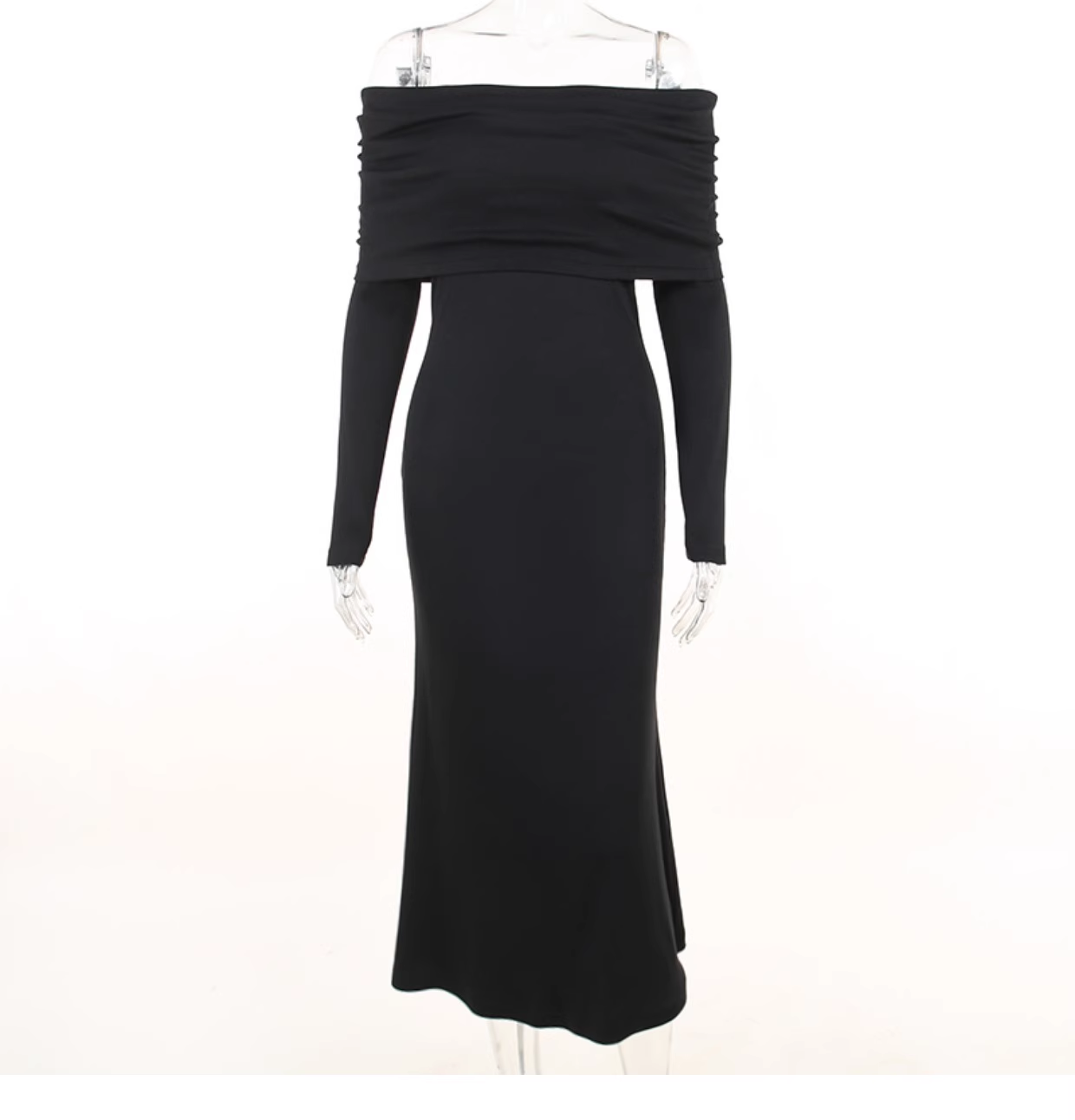 Black off-the-shoulder ruched midi dress