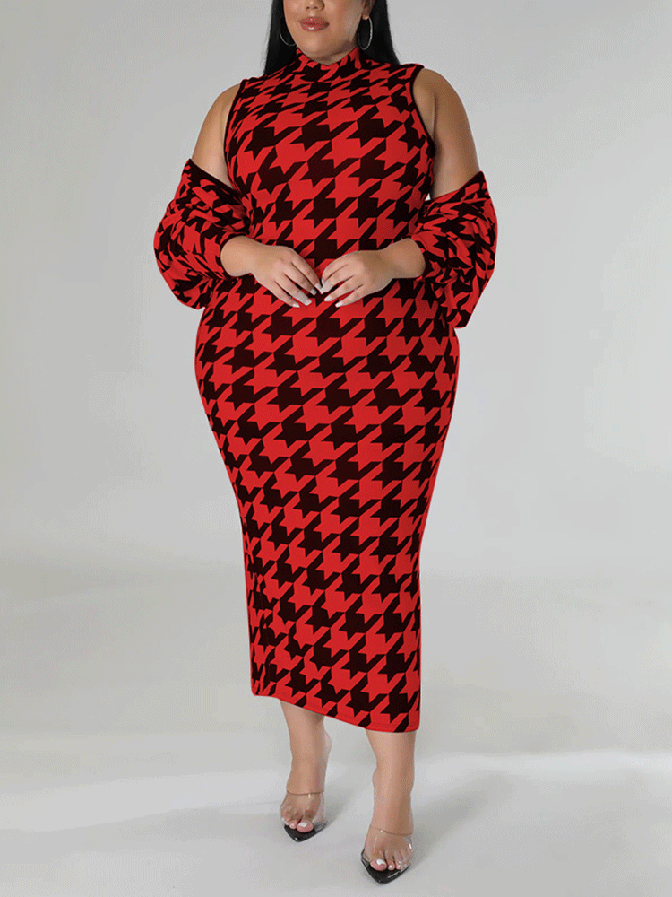 Houndstooth maxi dress with matching cape jacket - View 8 | Lwiis