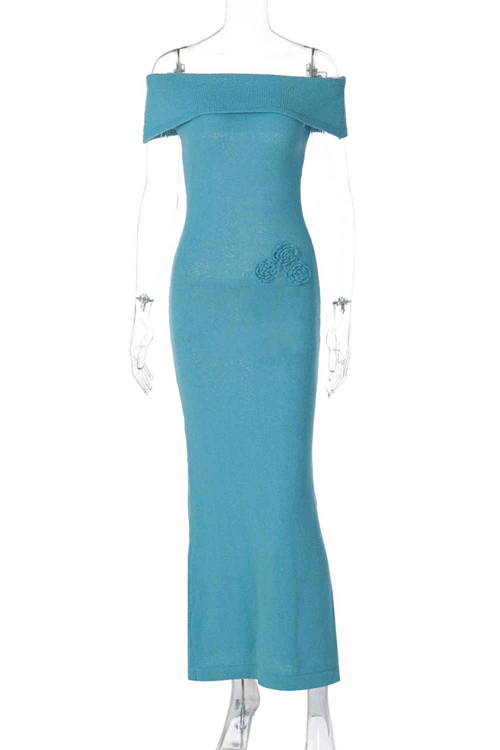 Turquoise off-the-shoulder knit maxi dress with floral embellishment displayed on a mannequin