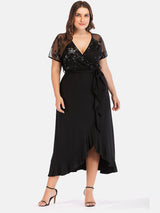 Plus-size black V-neck wrap dress with sequined bodice and ruffle hem