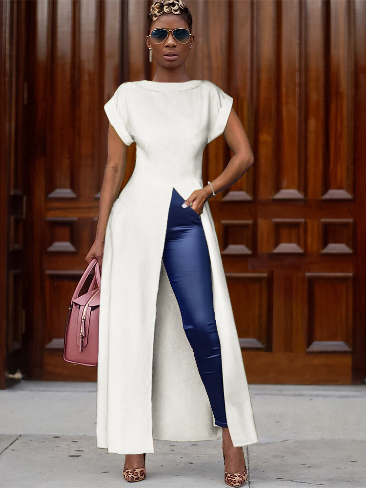 Solid high split maxi dress with boat neckline and cap sleeves - View 6 | Lwiis