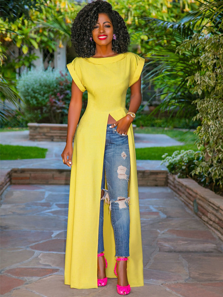 Solid high split maxi dress with boat neckline and cap sleeves - View 7 | Lwiis