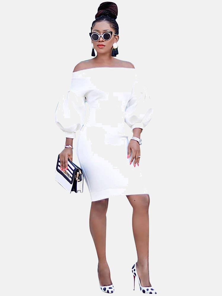 off shoulder puff sleeve midi dress - View 7 | Lwiis