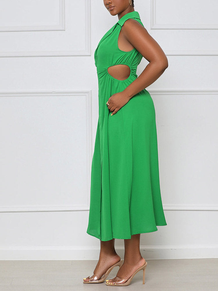Collared Midi Dress with Side Cut-Out - View 6 | Lwiis