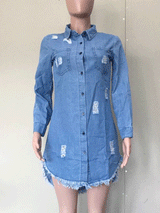 Mannequin displaying a distressed denim shirt dress with raw hem