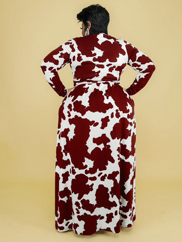 Cow Print Maxi Dress with V-Neck and Long Sleeves - View 6 | Lwiis