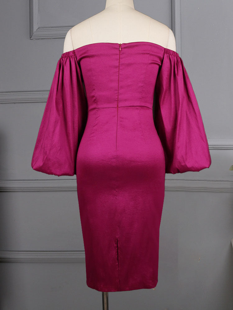 Back view of a purple off-the-shoulder satin dress with bishop sleeves on a mannequin, showing a zipper closure.