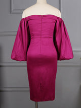 Back view of a purple off-the-shoulder satin dress with bishop sleeves on a mannequin, showing a zipper closure.