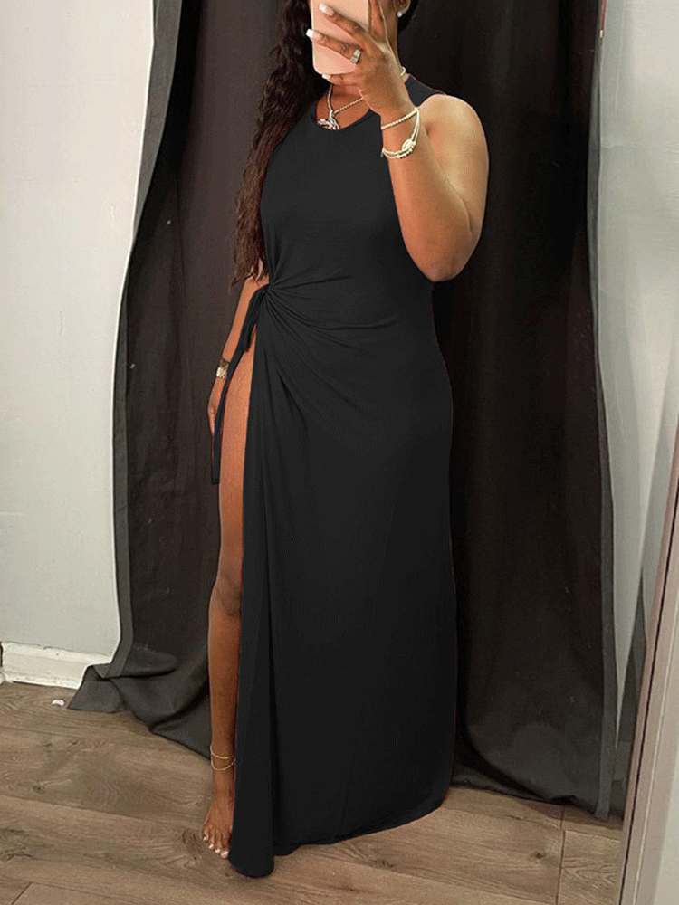 Halter Neck Maxi Dress with High Slit - View 6 | Lwiis