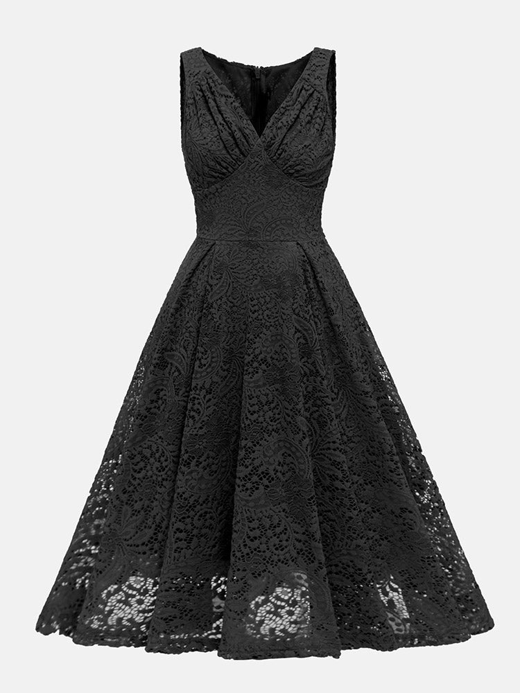 Sleeveless V-neck Lace Midi Dress - View 8 | Lwiis