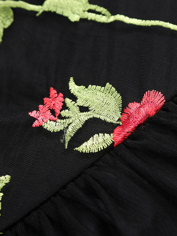 close-up of embroidered red and pink roses on black tulle fabric
