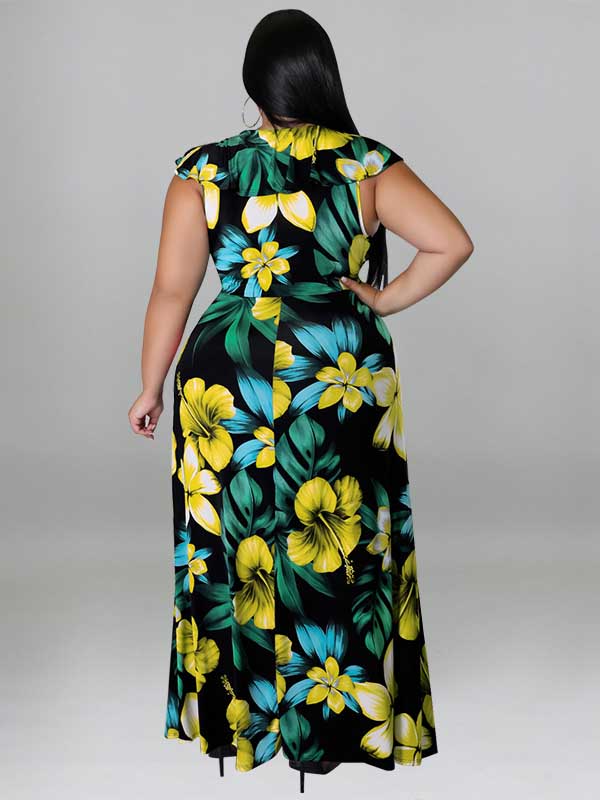 Floral maxi dress with ruffle sleeves and lace-up neckline - View 11 | Lwiis