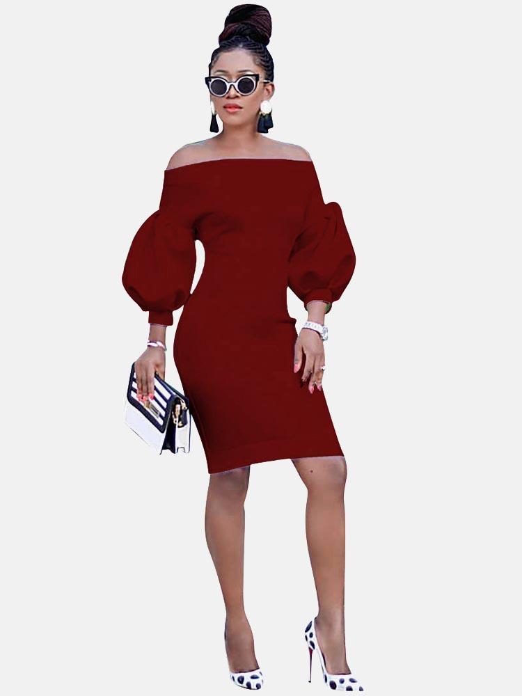 off shoulder puff sleeve midi dress - View 9 | Lwiis