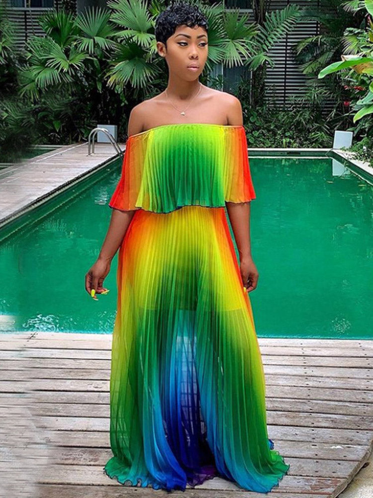 Off shoulder ombre pleated maxi dress - View 8 | Lwiis