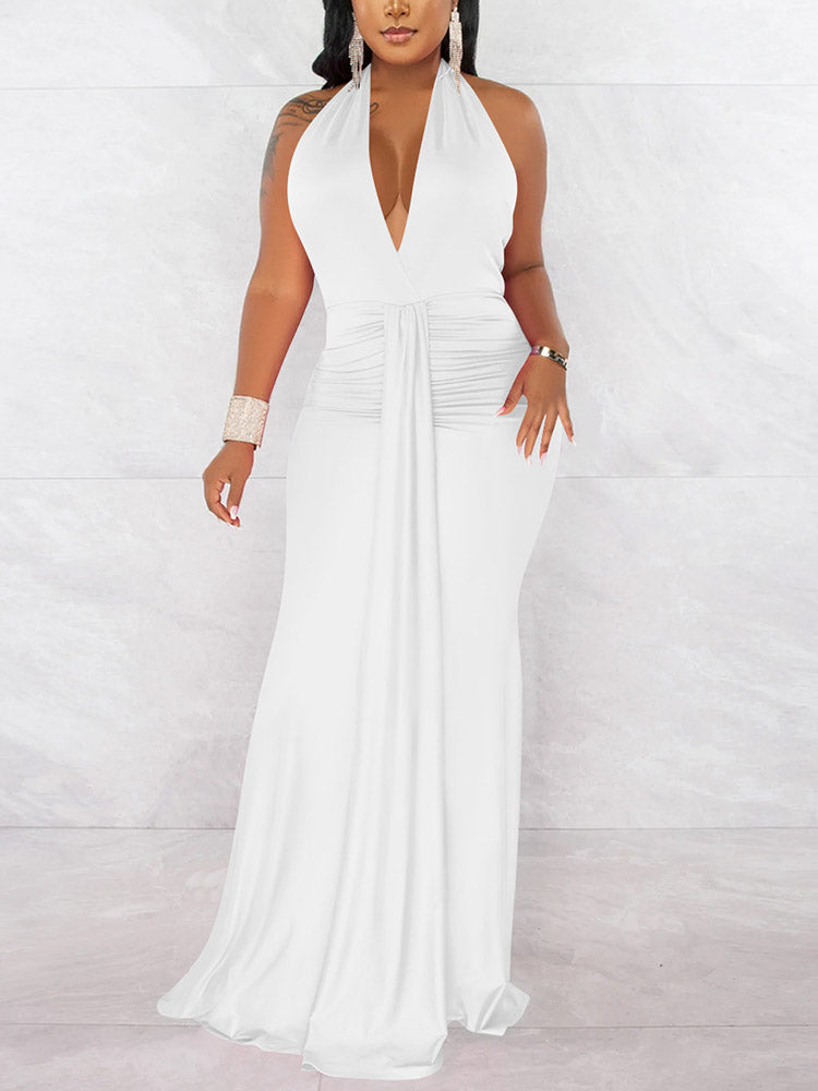 Elegant halter neck ruched maxi dress - View 11 | Lwiis