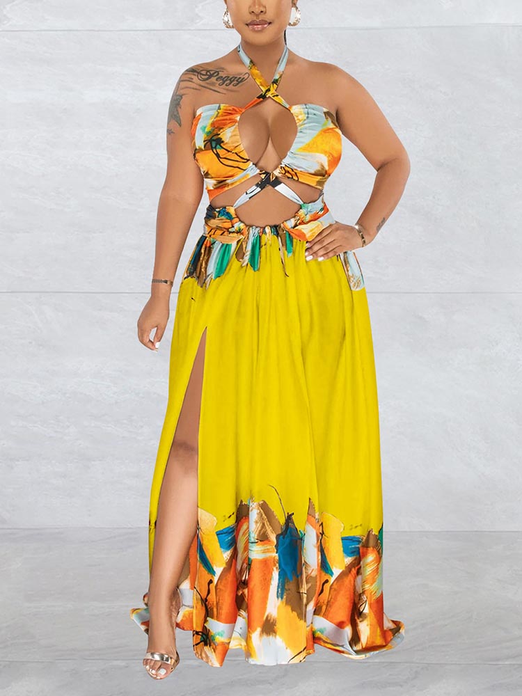 Abstract Print Halter Maxi Dress - View 9 | Lwiis