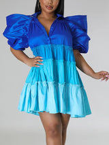 A-line colorblock dress with puff sleeves - View 6 | Lwiis