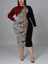 Woman wearing a long-sleeved, bodycon midi dress with a round neck and leopard print