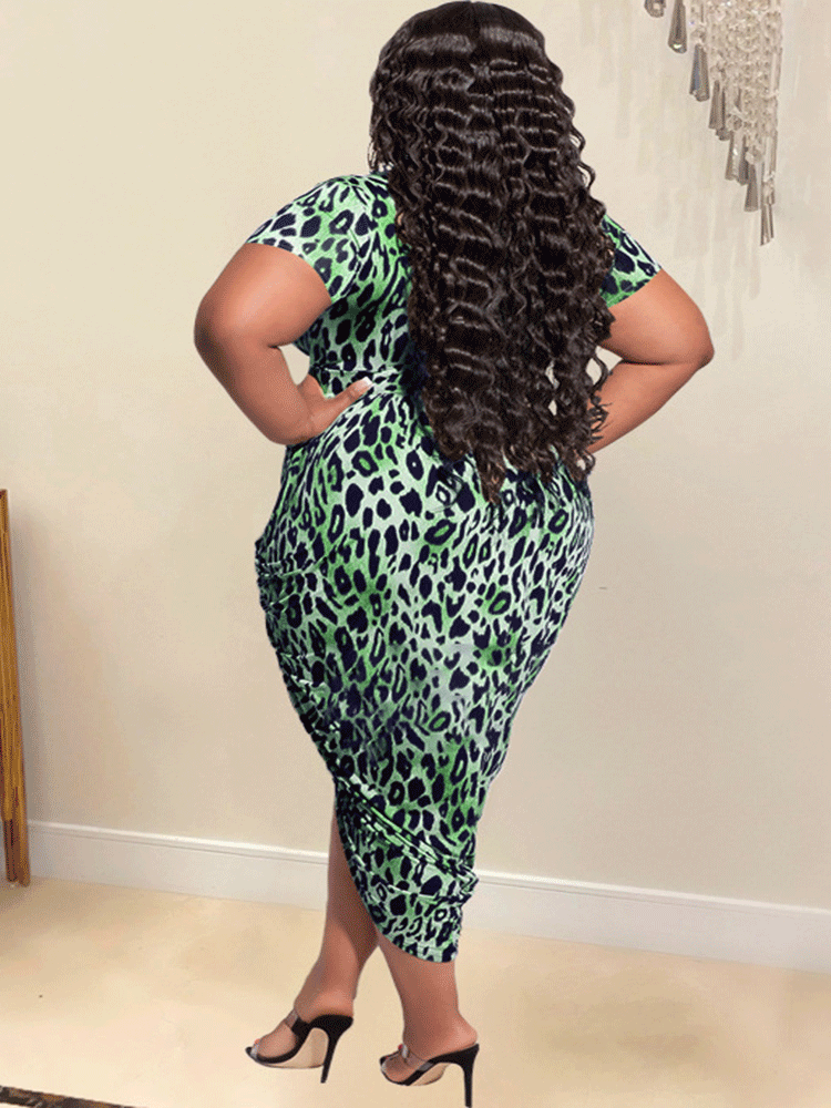 Leopard print V-neck midi dress - View 6 | Lwiis