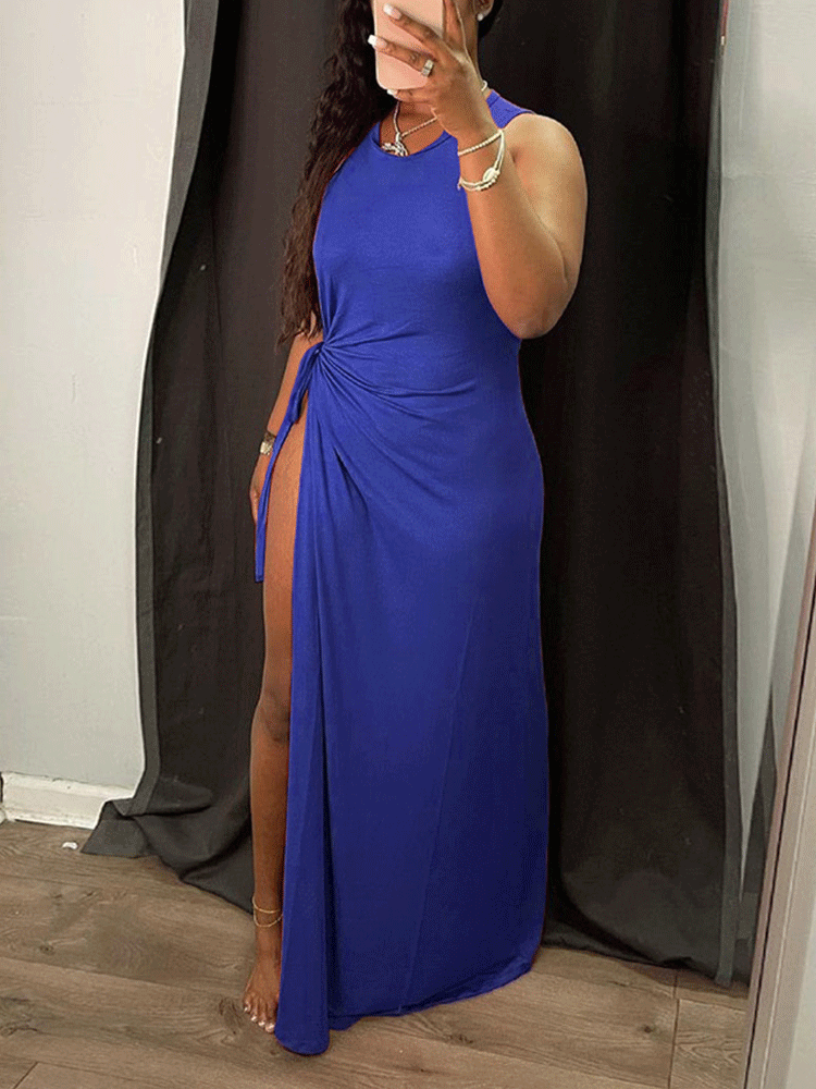 Halter Neck Maxi Dress with High Slit - View 10 | Lwiis