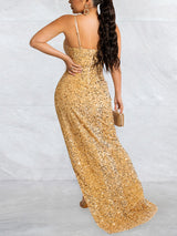 Sequin maxi dress with spaghetti straps and high slit in black - View 6 | Lwiis