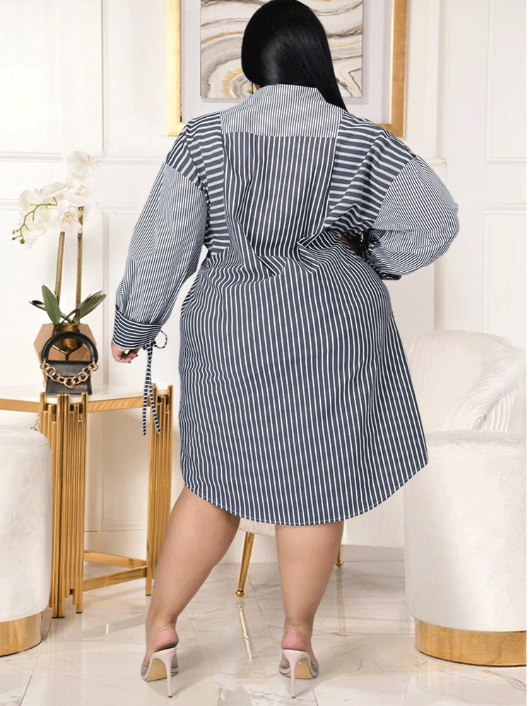 Back view of a woman wearing a navy and white striped long-sleeve shirt dress with a belted waist.