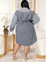 Back view of a woman wearing a navy and white striped long-sleeve shirt dress with a belted waist.