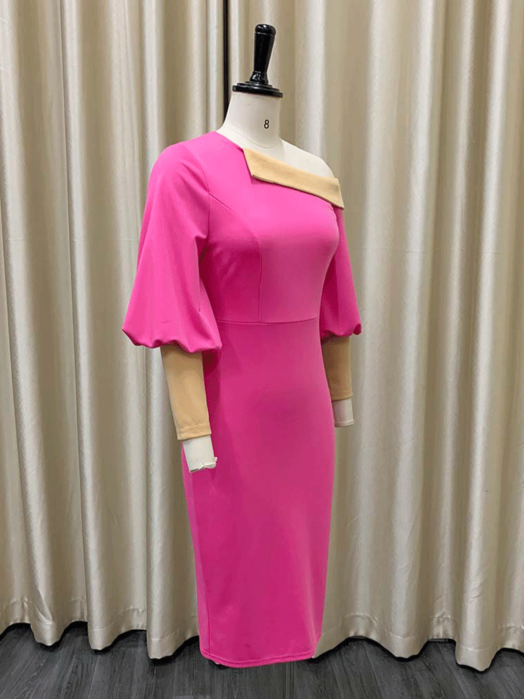 One Shoulder Midi Dress with Puff Sleeves - View 12 | Lwiis