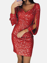 red sequin dress with fringe sleeves