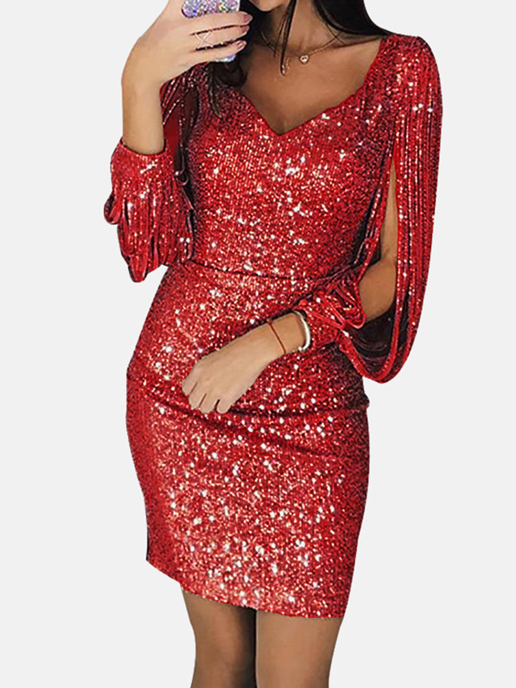 red sequin dress with fringe sleeves