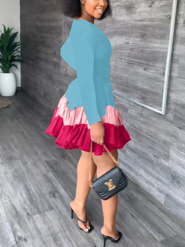 Color Block Ruffle Mini Dress - View 12 | Lwiis