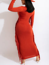 Long sleeve maxi dress with fringe detailing in ribbed knit fabric - View 6 | Lwiis