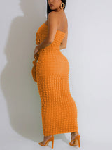 Strapless fitted midi dress with textured fabric and ruched detail - View 9 | Lwiis
