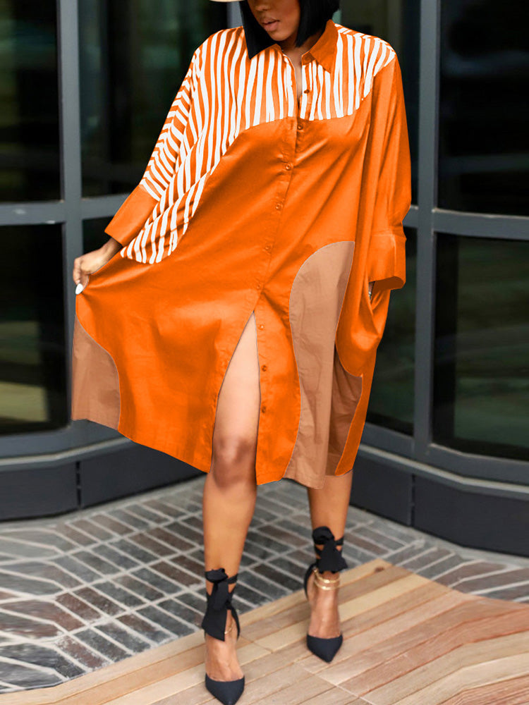 Colorblock Turndown Collar Shirt Dress - View 12 | Lwiis