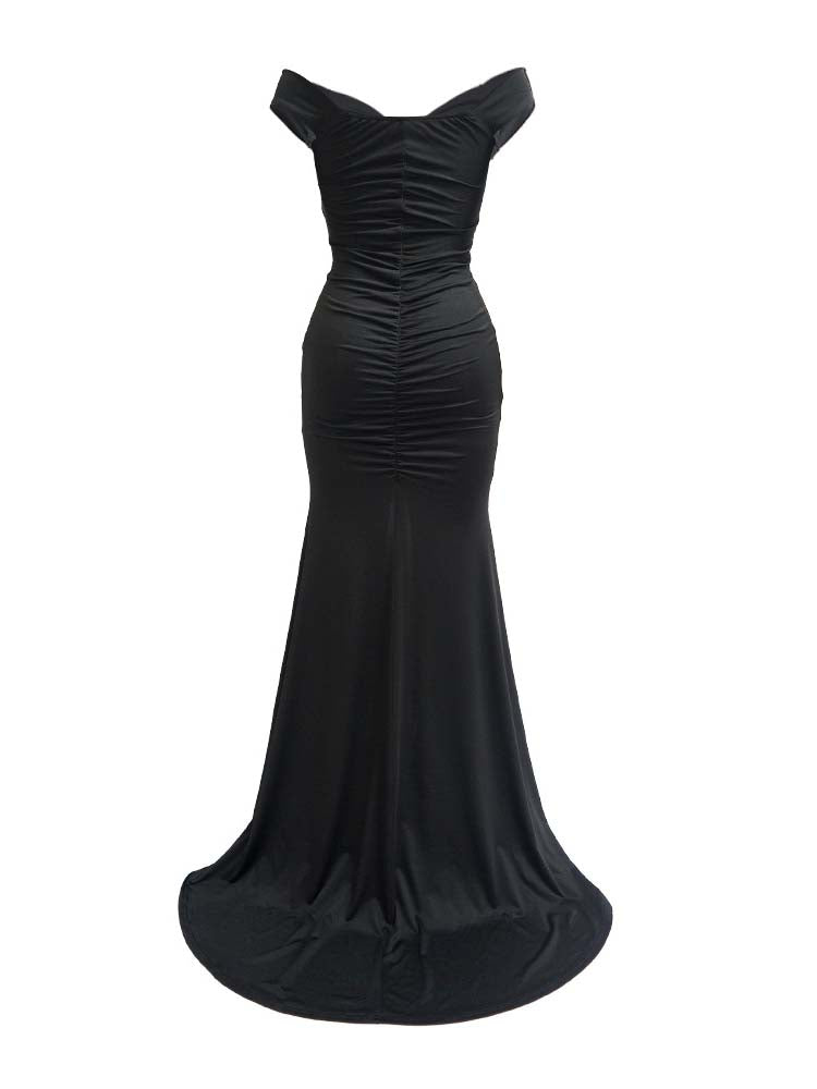 Back view of a black off-the-shoulder ruched formal gown with a high slit