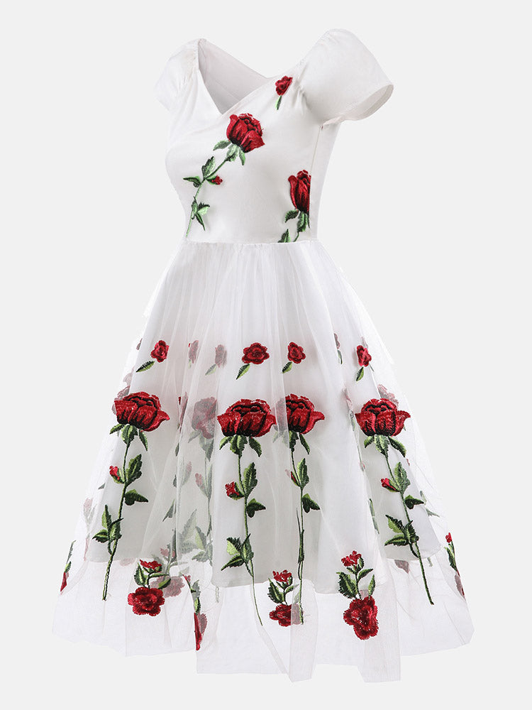 Embroidered Rose Mesh Party Dress - View 6 | Lwiis