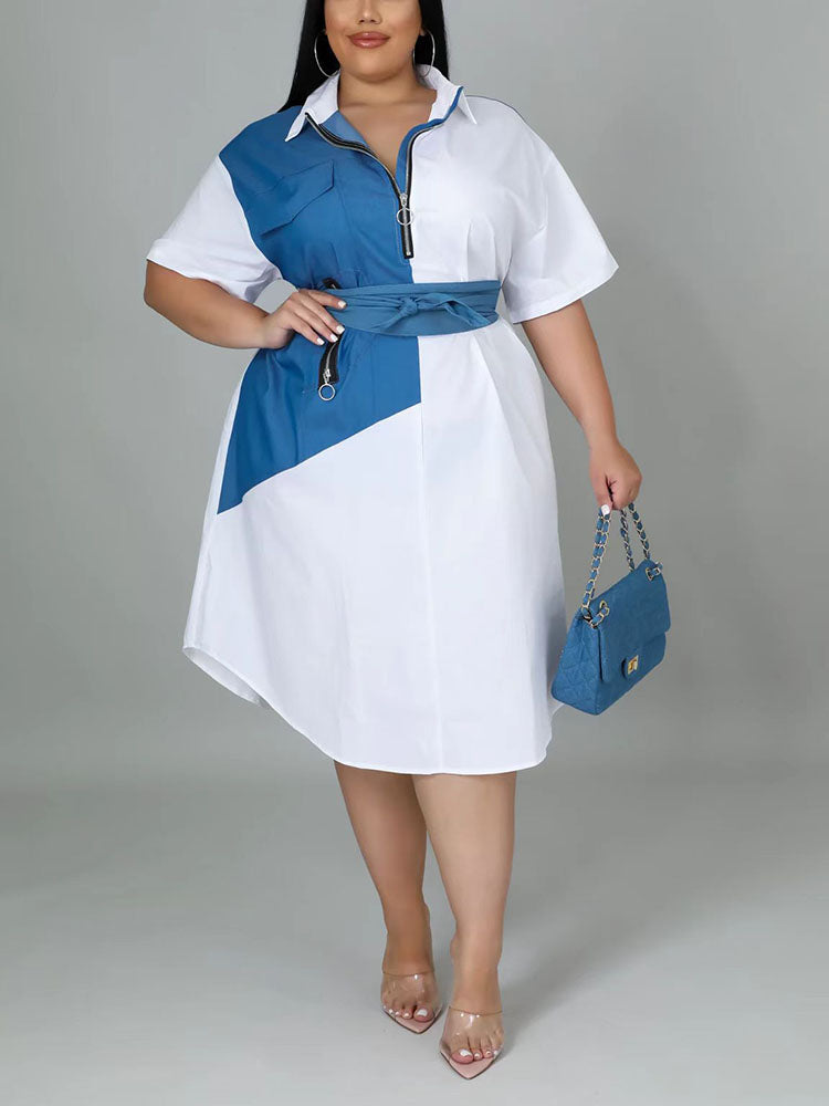Plus-size blue and white asymmetrical hem shirt dress with belt