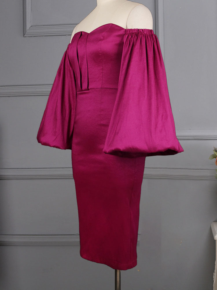 Side view of a purple off-the-shoulder satin dress with bishop sleeves on a mannequin.