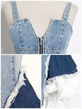 Denim patchwork mini dress with V-neckline and zipper front - View 11 | Lwiis