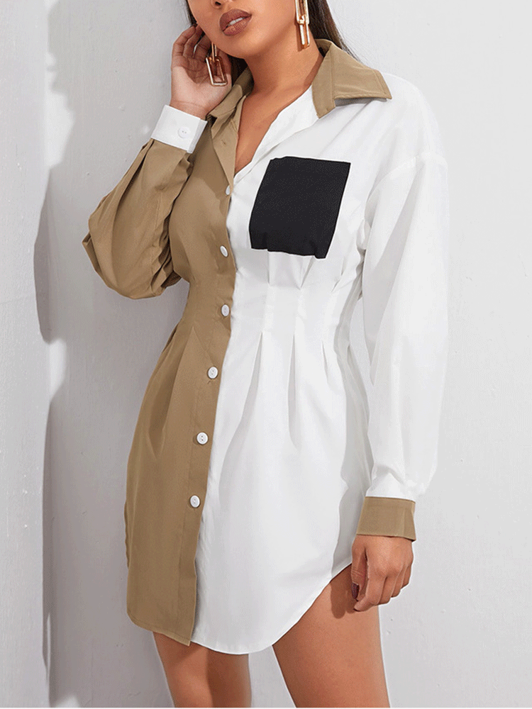 Front view of the color block shirt dress on a model, highlighting the design and fit.